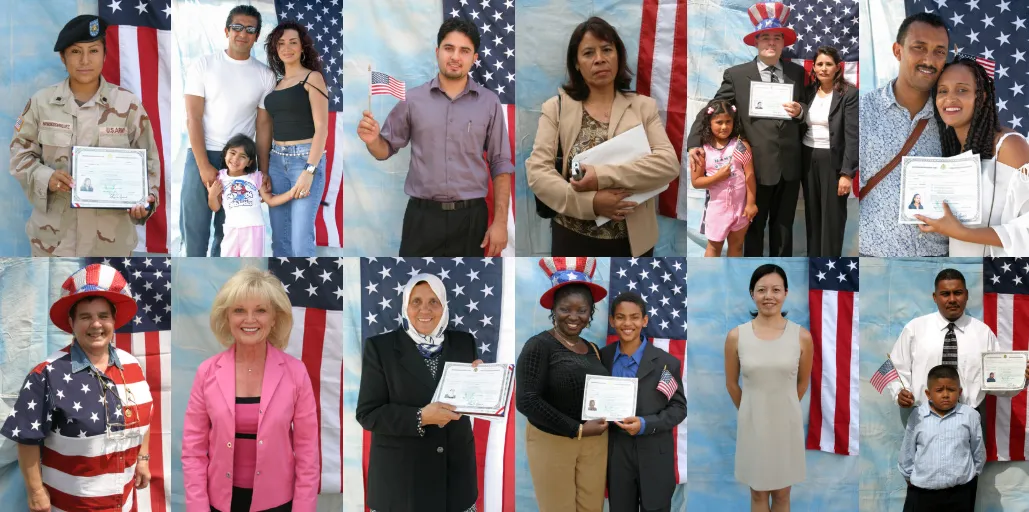 A grid of 12 images showing people in front of an American flag after a citizenship ceremony, many of them holding naturalization certificates.