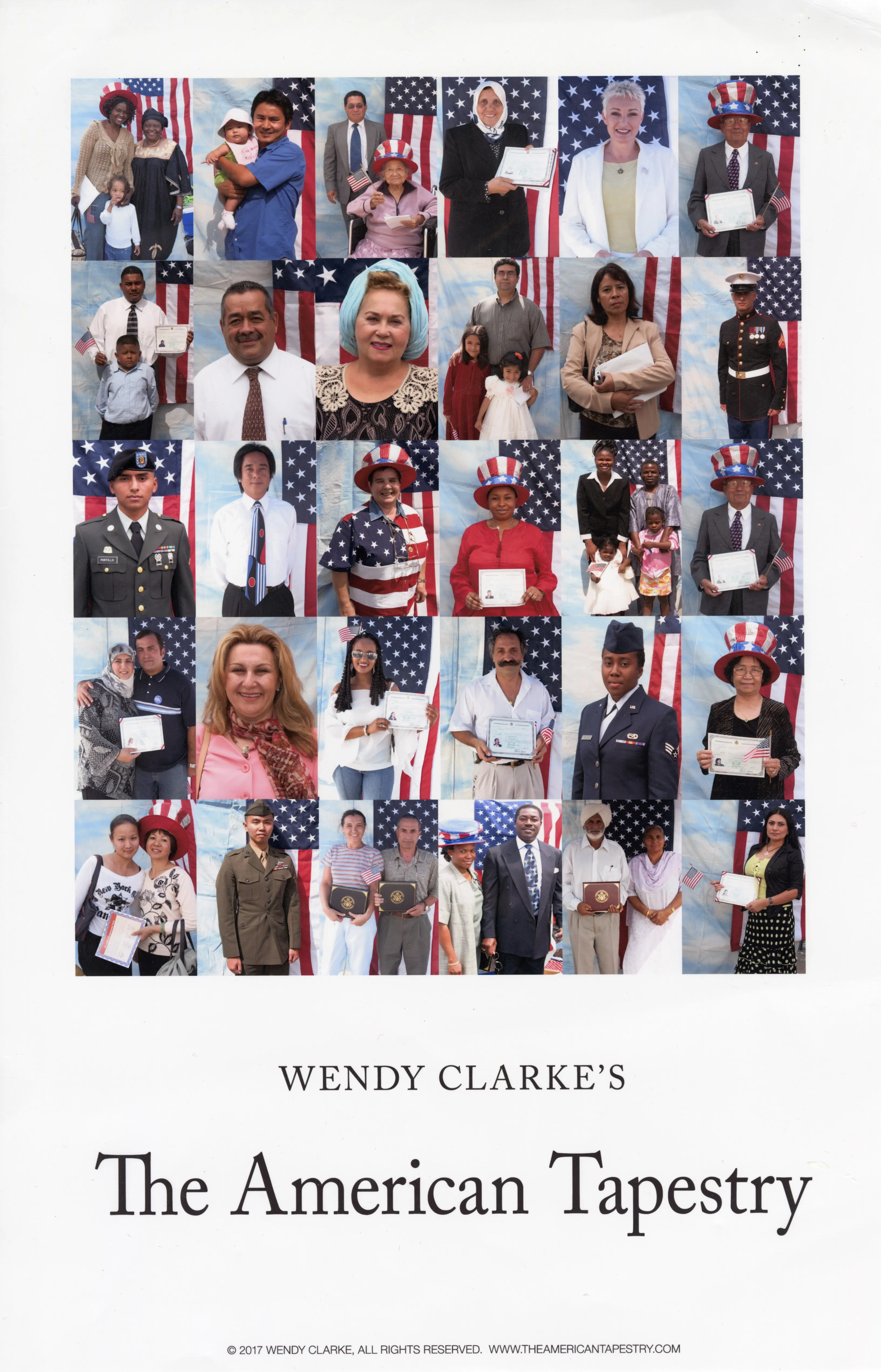 A poster with a grid of 30 images showing people in front of an American flag after a citizenship ceremony, many of them holding naturalization certificates.